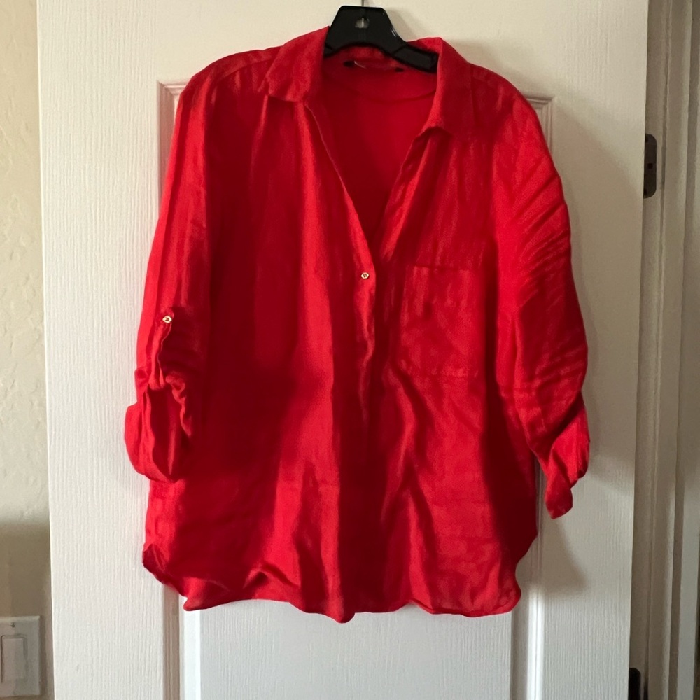 Zara Vibrant Red Linen Button Up Shirt